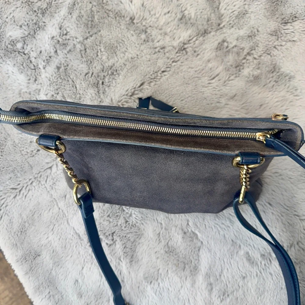 Spartina 449 ‎ Navy Gray Leather Suede Crossbody Bag Gold Hardware